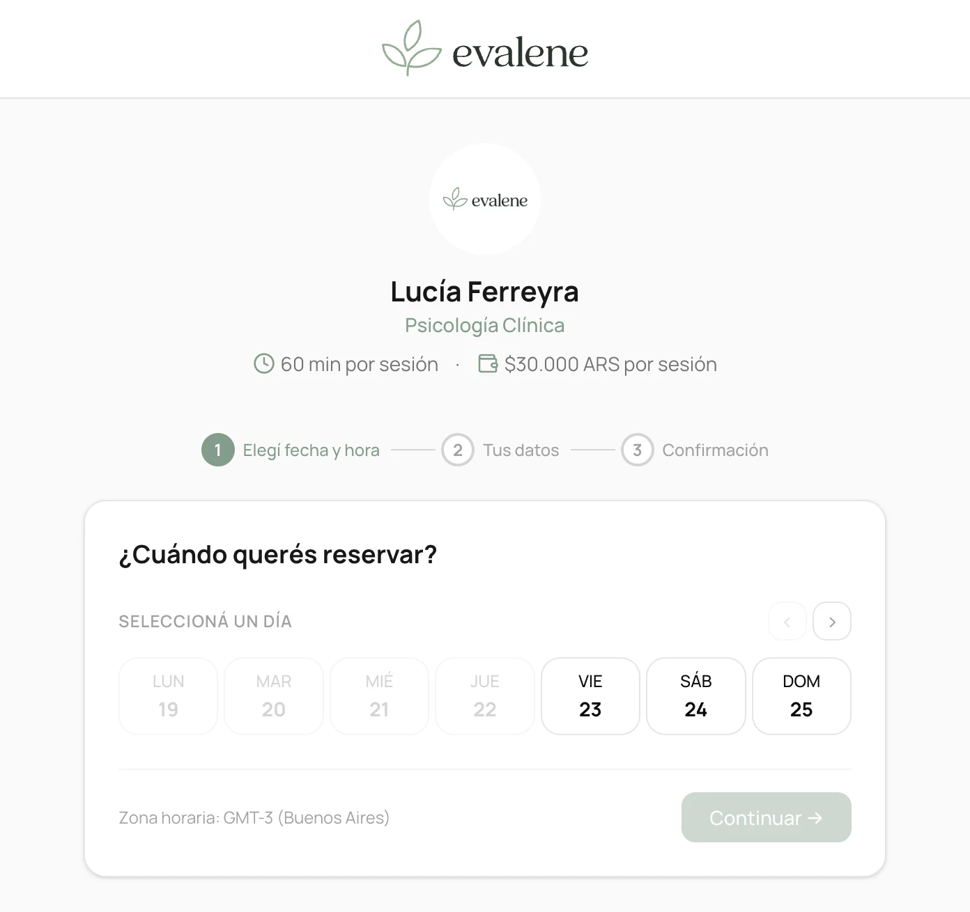 Página pública de reservas de un profesional de psicología clínica: sesión de 60 minutos, 30.000 pesos por sesión y selector de día en tres pasos.